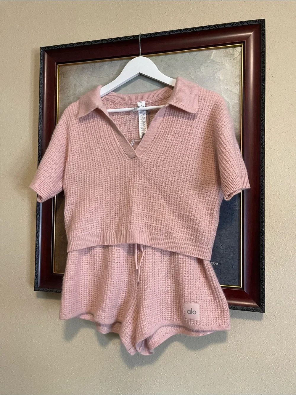 ALO Yoga Blush Pink Waffle Knit Two-Piece Loungewear Set - Picture 3 of 10